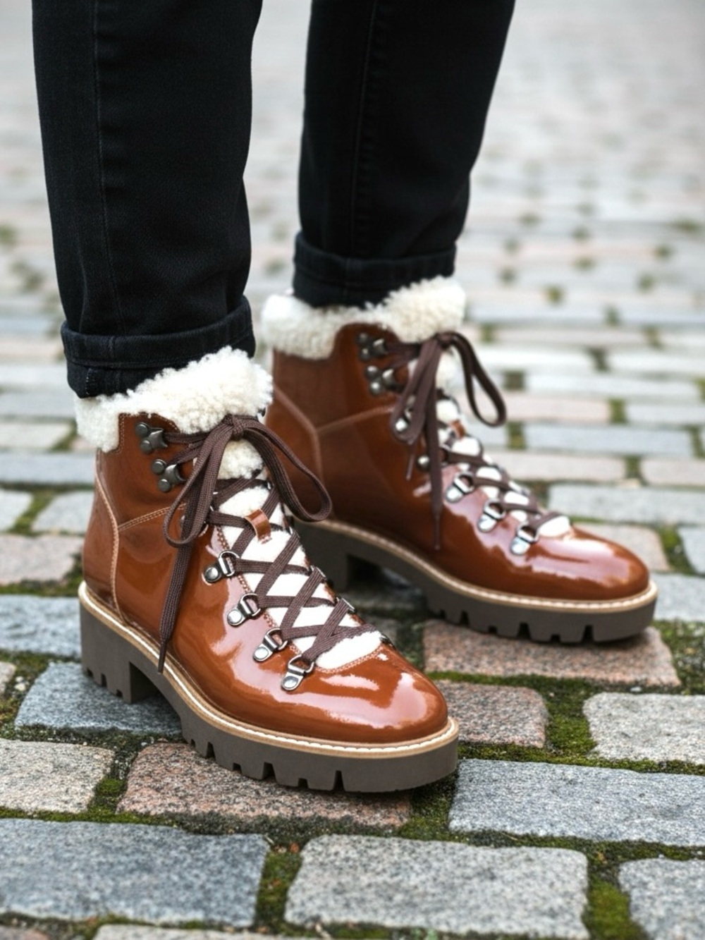 NEW Donald J. Pliner Erinn Shearling Trim Caramel Brown Patent Leather Boots 8.5